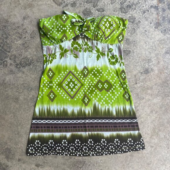 Vintage Y2K MKM Designs Size Medium Brown Green Leaf Tube Top Tie Front Blouse - Picture 1 of 6